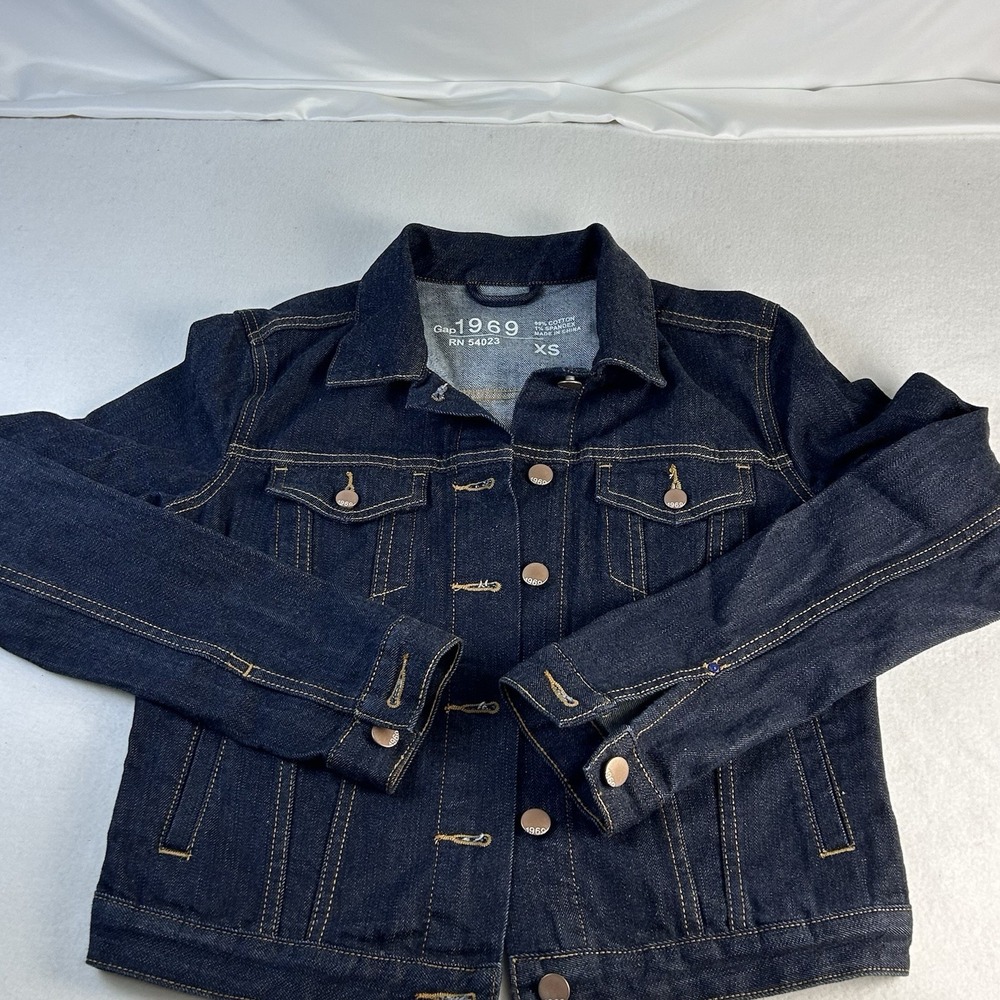 Gap 1969 Denim Trucker Jacket Indigo Blue Wash 100% Cotton XS Collar Pocket Moto